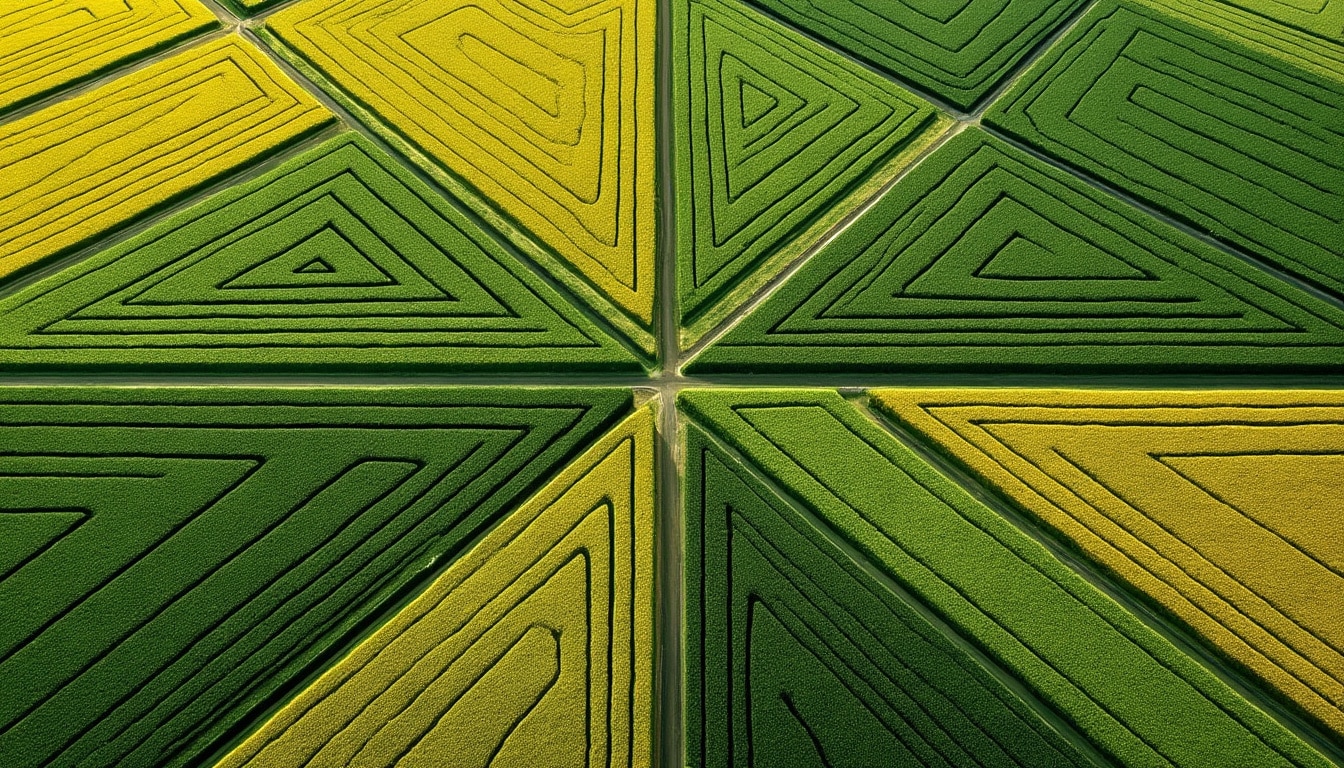 découvrez comment la symétrie parfaite des cultures agricoles crée des motifs géométriques captivants, idéaux pour la photographie aérienne.