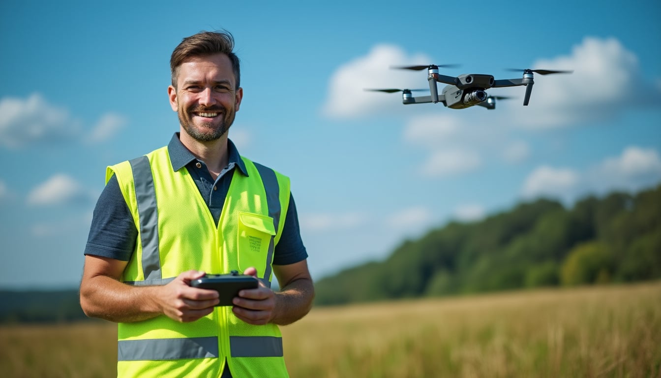 le port d'un gilet haute visibilité permet d'identifier clairement le télépilote lors des missions de pilotage de drone, assurant sécurité et reconnaissance sur le terrain.