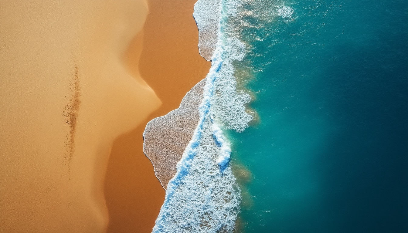 découvrez comment le contraste chromatique entre l'océan et le sable sublime la beauté d'une prise de vue aérienne littorale, révélant des paysages marins impressionnants.