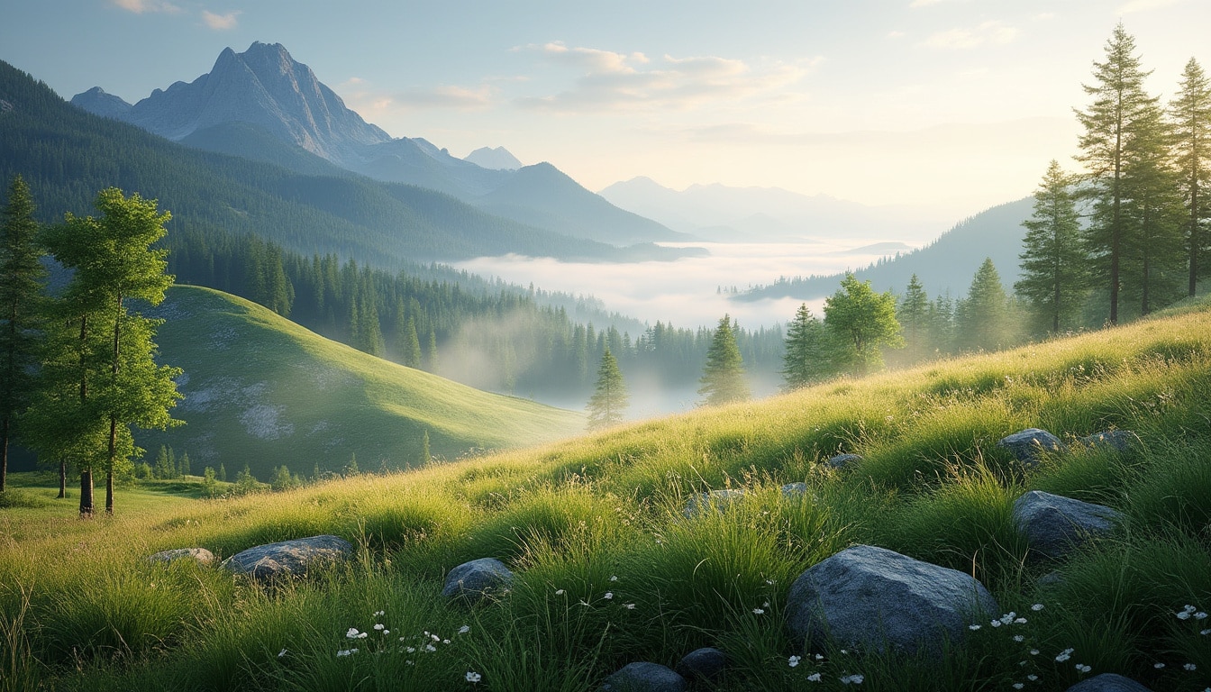 découvrez comment l'effet de perspective atmosphérique sépare distinctement les différents plans dans une prise de vue aérienne matinale, apportant profondeur et réalisme à vos images.