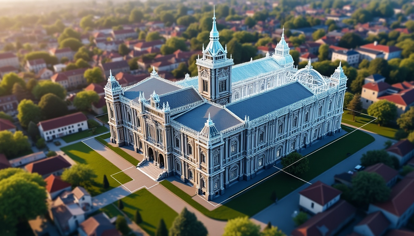 découvrez comment la modélisation 3d d'un bâtiment historique est réalisée grâce au traitement logiciel de prises de vue aériennes, alliant technologie et patrimoine.