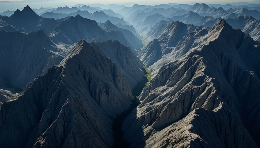 découvrez comment le jeu entre ombres et lumières révèle la beauté et le relief des montagnes à travers une prise de vue aérienne spectaculaire.