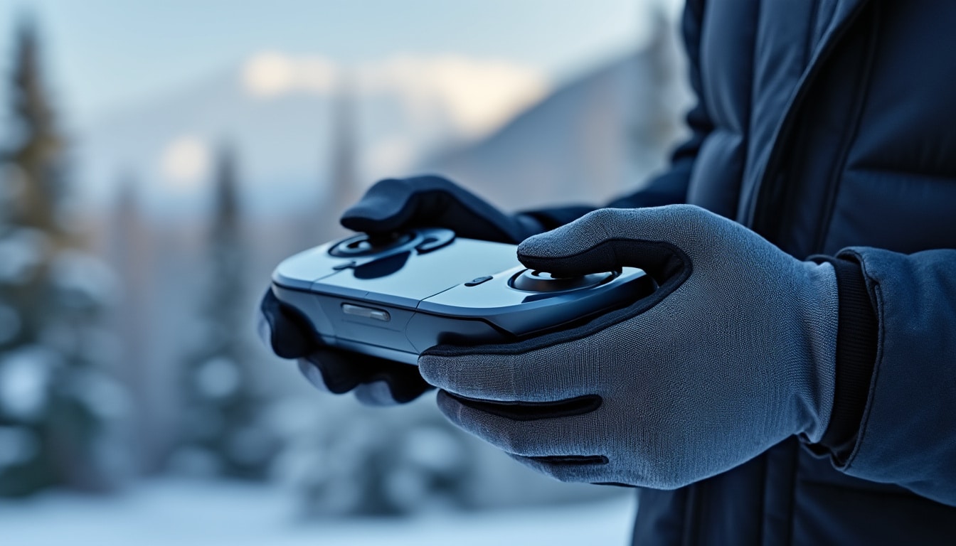 découvrez comment les gants tactiles adaptés permettent de conserver la sensibilité des doigts pour piloter un drone efficacement même en hiver.