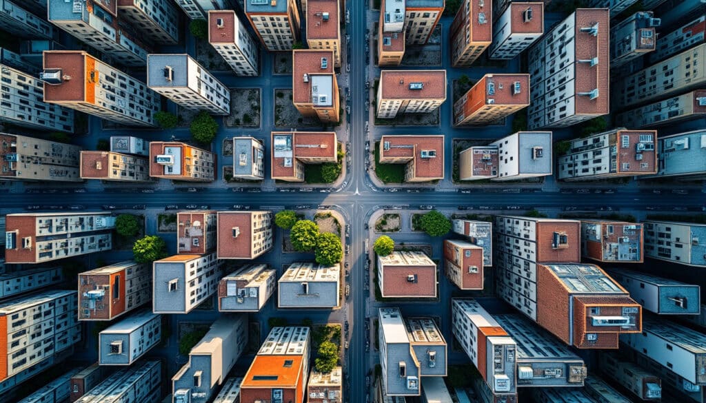 découvrez comment le cadrage zénithal à 90 degrés transforme l'architecture urbaine en motifs abstraits uniques grâce à la photographie aérienne.