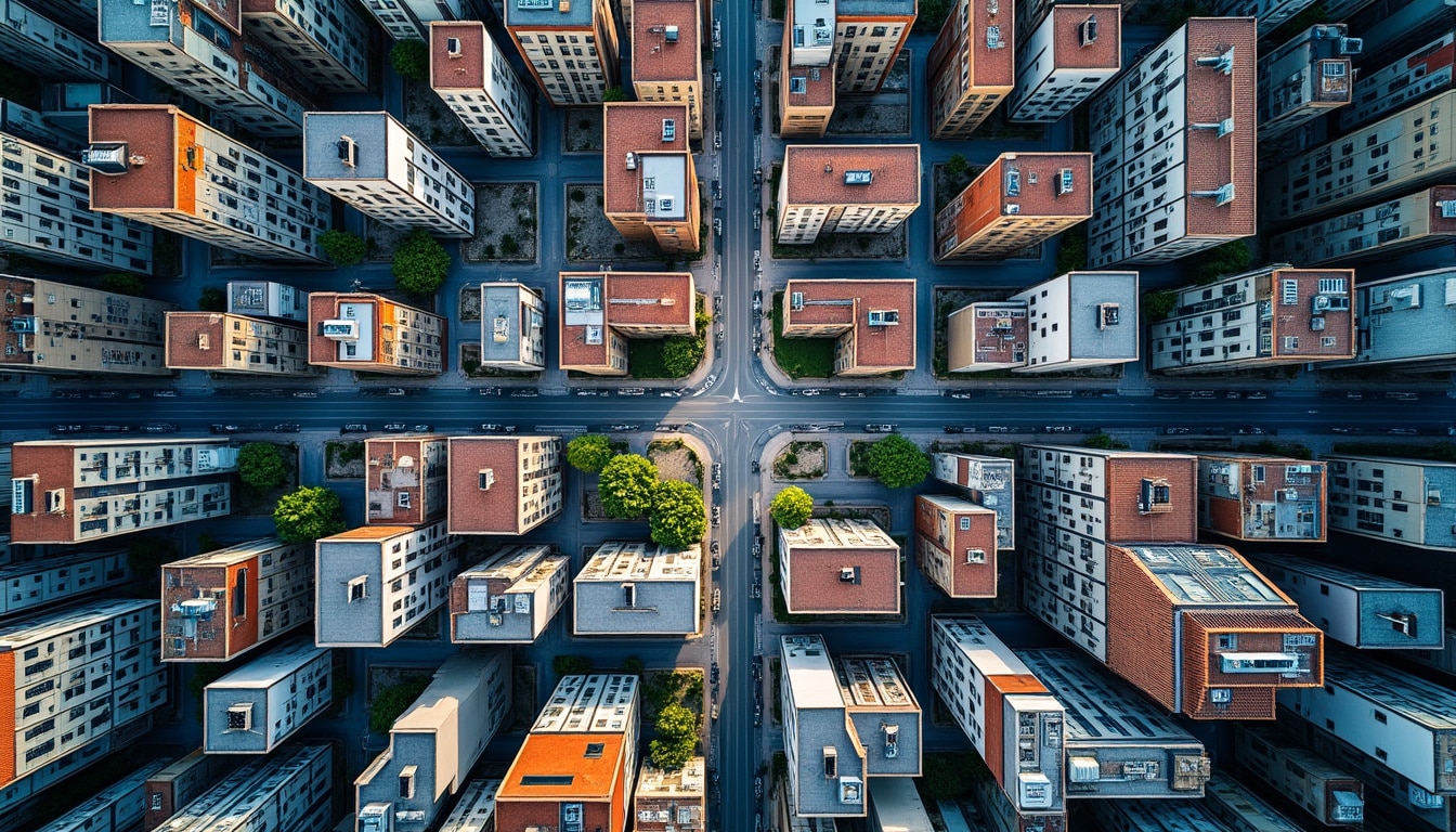 découvrez comment le cadrage zénithal à 90 degrés transforme l'architecture urbaine en motifs abstraits uniques grâce à la photographie aérienne.