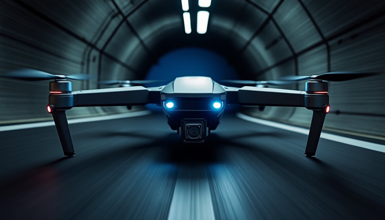 découvrez comment le passage d'un appareil dans un tunnel sombre permet de vérifier la bascule des capteurs de vision lors des tests de drones, garantissant leur performance en conditions difficiles.