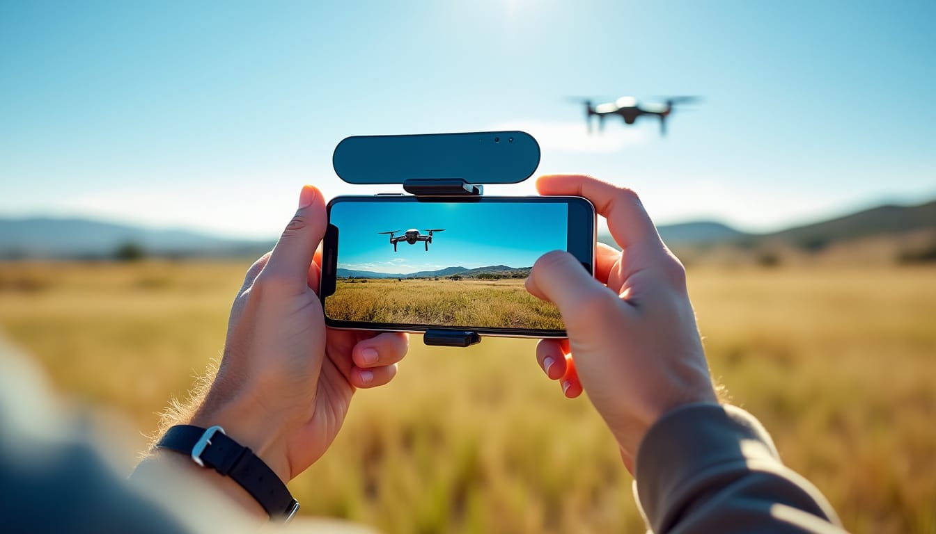 découvrez comment l'utilisation d'un pare-soleil sur votre smartphone améliore la visibilité de l'écran, facilitant ainsi le pilotage précis de votre drone même en plein soleil.